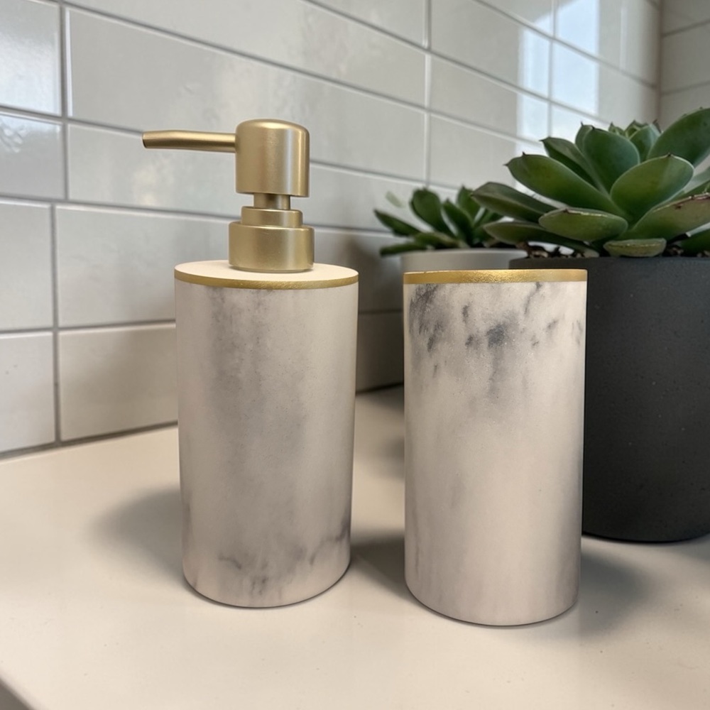 Marble-Effect Soap Dispenser and Tumbler Set with Gold Accents - White/Gray